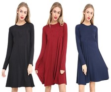 New Women Ladies Long Sleeve Swing Dress Flared A Line Skater Dress Top UK 8..26
