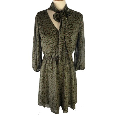 Ann Taylor Womens Green Leopard Animal Print Boho Tie Coquette Dress Size S  | eBay