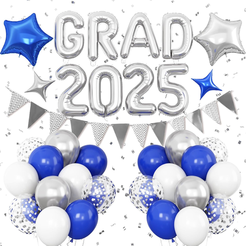 Graduation Decorations 2025 Blue Silver, GRAD 2025 Foil Balloon Banner with Roya - Picture 12 of 12