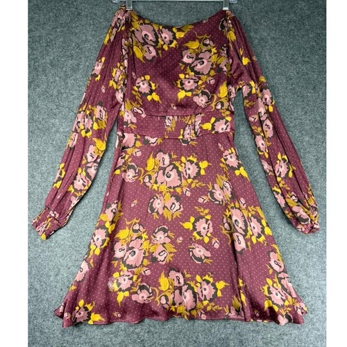 Free People Mini Dress Floral Print Long Sleeve Maroon Size 4 - Picture 3 of 7