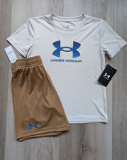 Under Armour Boys TShirt  Shorts Set Size 6 Beige Blue NWT MSRP 40