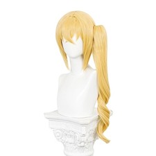 Long Blonde Curly Ponytail Wigs for Women Gold Yellow Cosplay Wig with Bangs