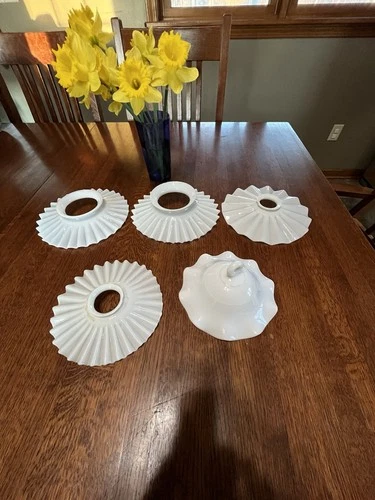 Lot of 5 ANTIQUE MILK GLASS RUFFLED Petticoat Chimney SHADES Smoke Ring Bell NR!