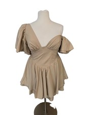 Asos Luxe Size 14 NEW Beige Cotton One Shoulder Dress w Corset Detail & Ruffles