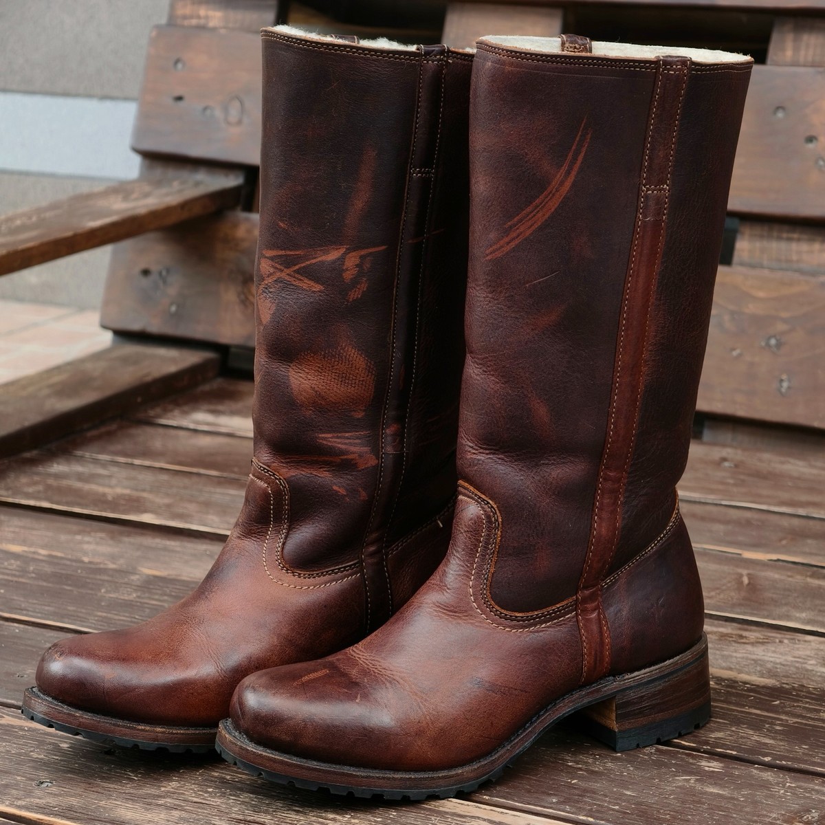 Frye - Campus Vintage Knee High Distressed Brown Leather Shearling