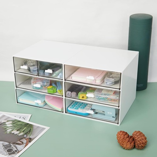 Schreibtisch Organizer mit 3 Schubladen, Aufbewahrungsbox aus klarem Kunststoff, weiß - 3 Schubladen - Bild 2 von 7
