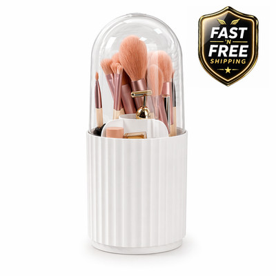 Rotating Makeup Brush Holder w/ Lid Dustproof Organizer Vanity Counter