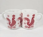 Vtg Hazel Atlas Platonite Milk Glass Red Rooster Chicken Mug Coffee Cup Set