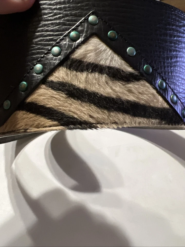 Vintage WIDE- LINEA PELLE Solid Brass Buckle Studded Belt W/Zebra Hair- Size Med - Image 3 of 4