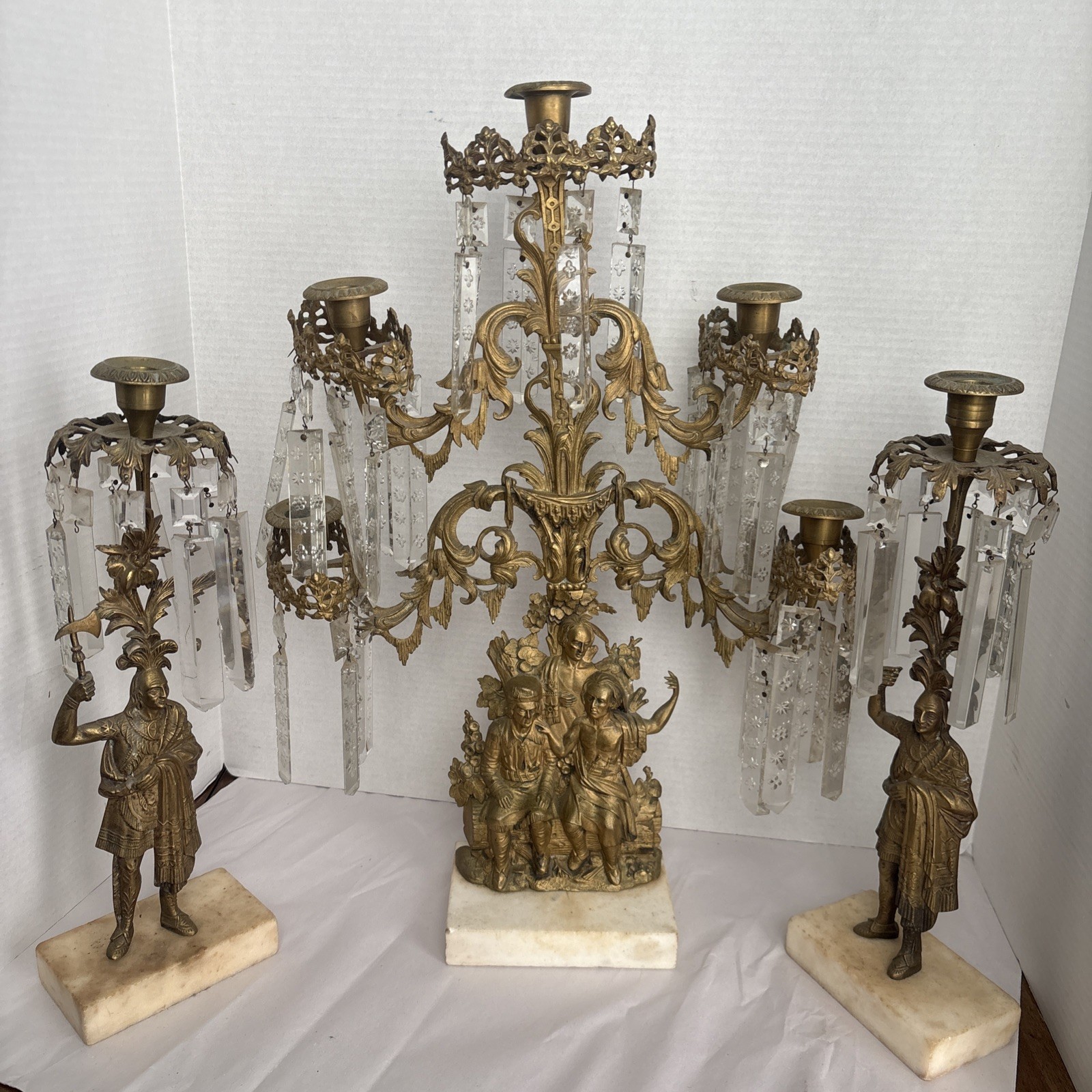Antique Victorian Brass/Bronze Candelabra Set With Stone Or Marble Bases