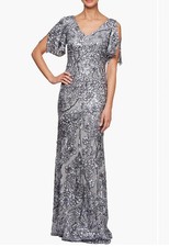 Alex Evenings Silver Sequin Lace Cold Shoulder Evening Gown Size 14P $259