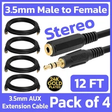 4 Pack 3.5mm Extension Cable 12ft 1/8" AUX Male to Female Stereo Headphone Cord