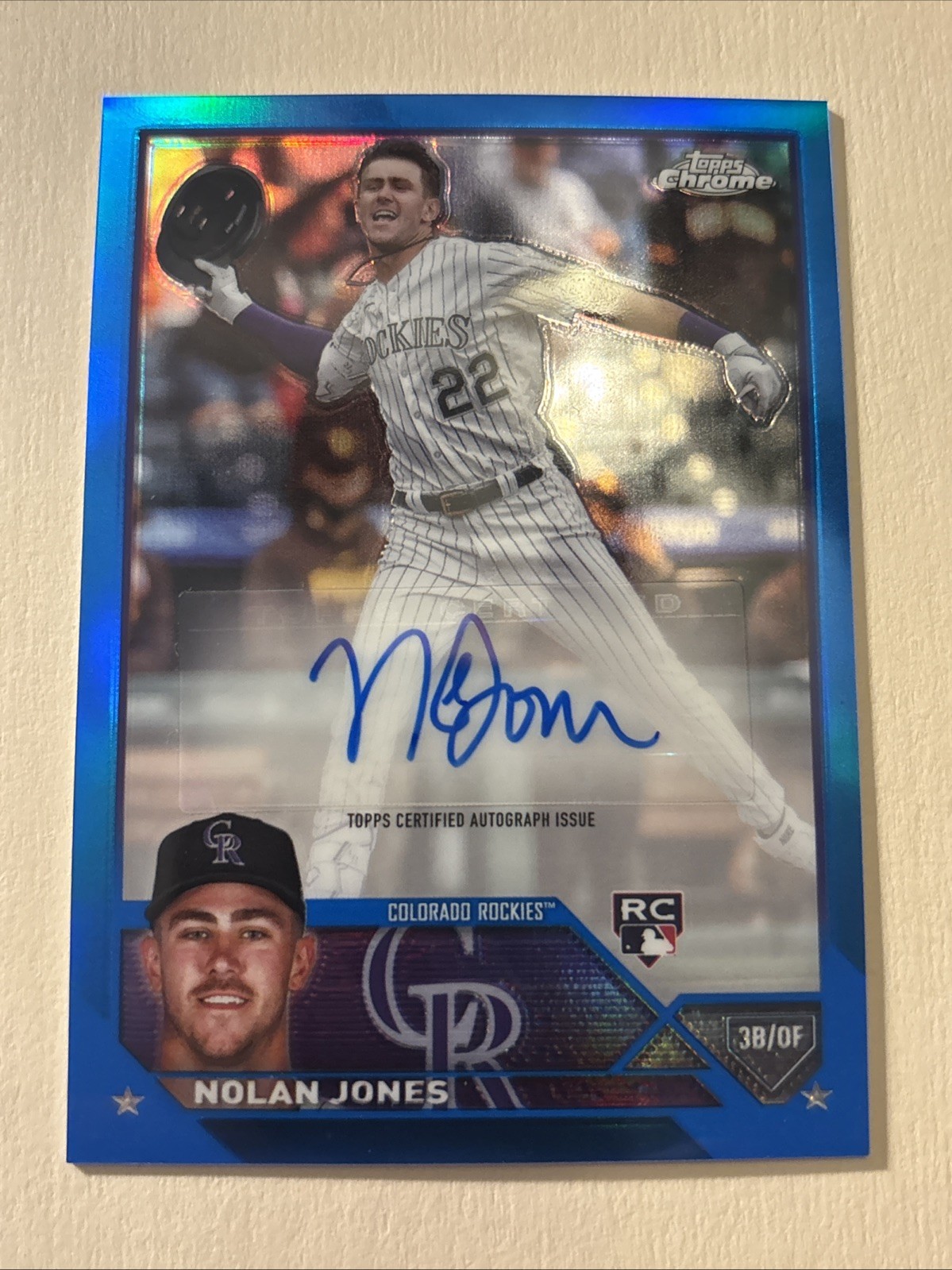 2023 Topps Chrome Nolan Jones Rookie RC Auto Blue Refractor 009 /150