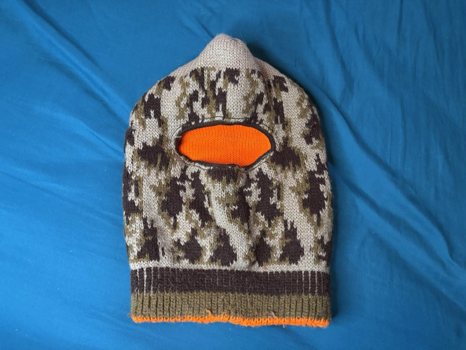 Vintage 80s Duck Camo Hunting Ski Mask Balaclava Knit Stretch Brown Orange