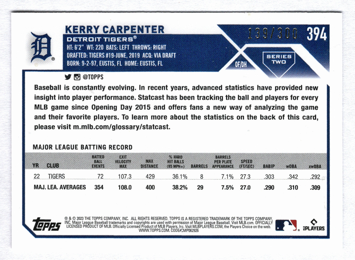 2023 Topps Series 2 Advanced Stats RC #394 Kerry Carpenter #/300 Detroit Tigers