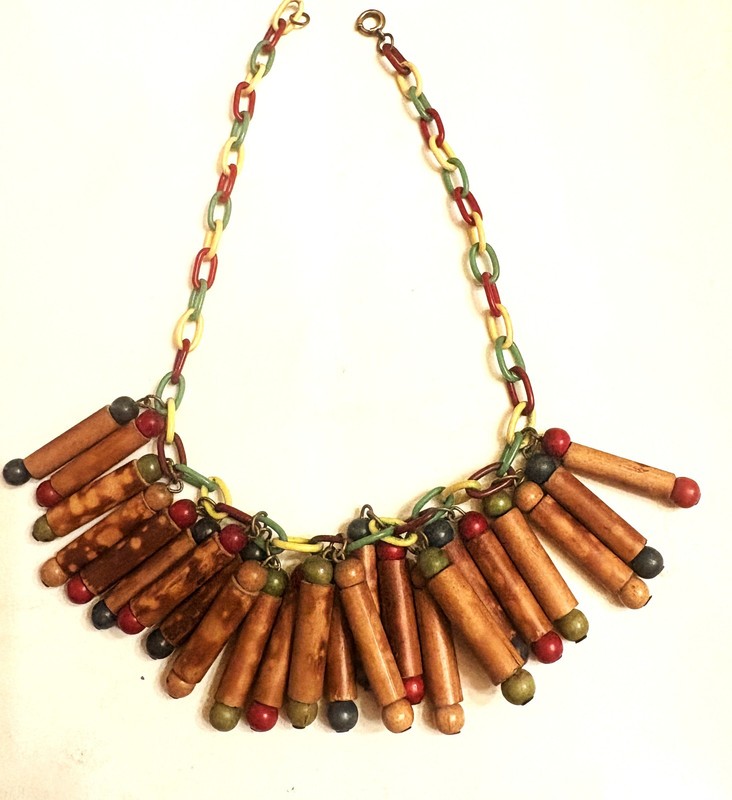vintage 1930 colorful bamboo bakelite chain bamboo painted wood bib 19 in long