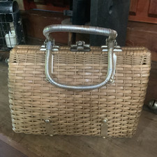 1960s Tan Wicker Basket Satchel Top Handle Bag Silver Metal Latch Lined Strap
