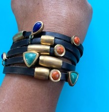 Multi-Color Gemstone  Brass Black Leather Wrap Bracelet