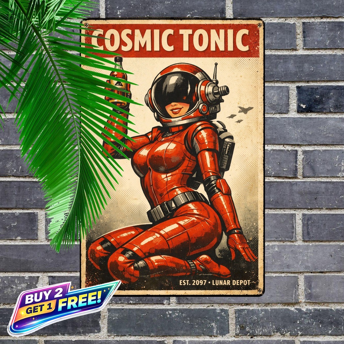 Space Helmet Woman Retro Sci-Fi Pinup Metal Art Sign