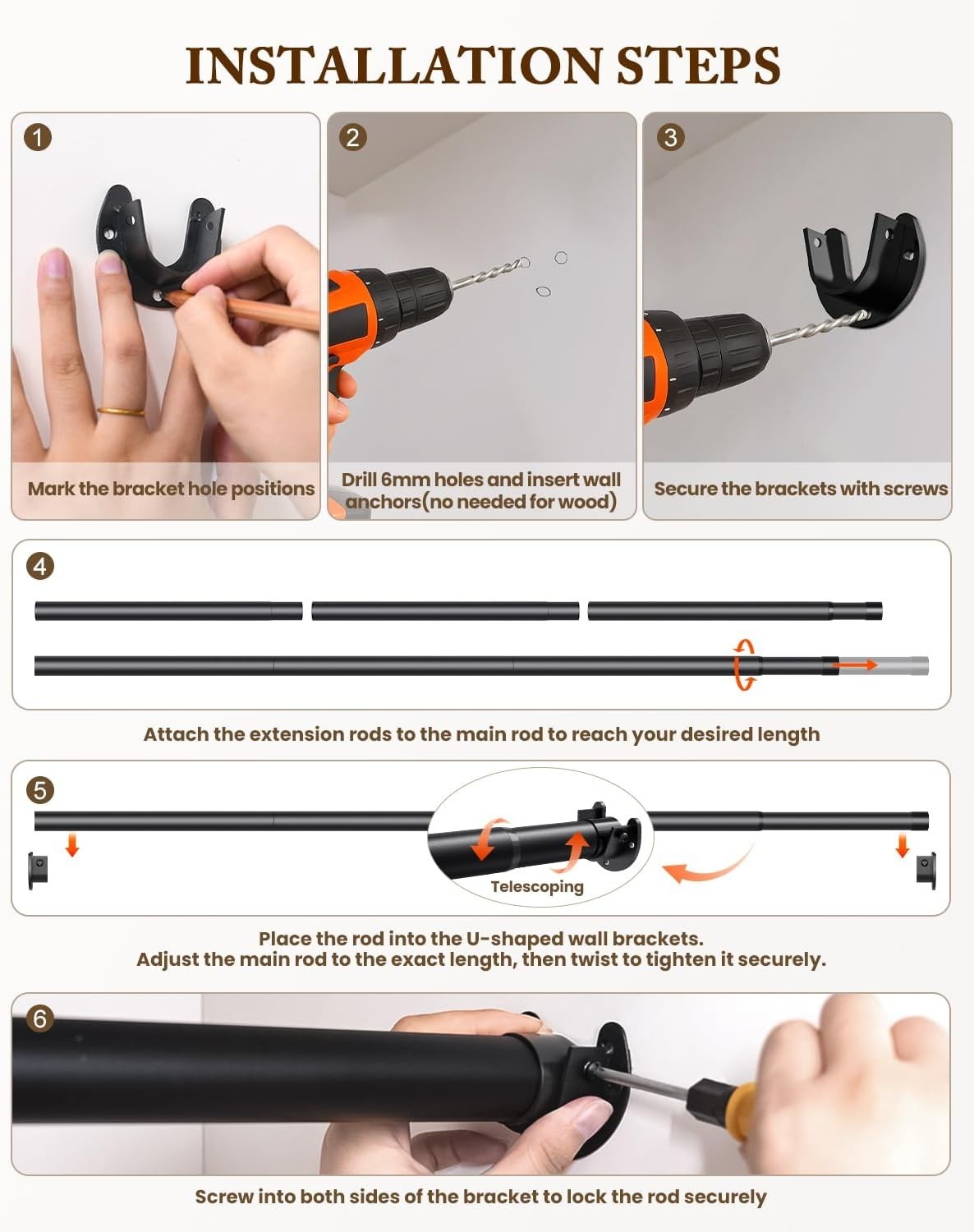 Closet Rod 17-54 IN, Heavy Duty Closet Hanging Rod for Clothes, Adjustable Cl...