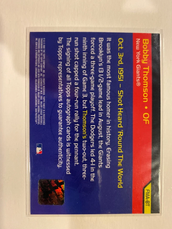 Bobby Thomson Finest Moments Autógrafo Disparo hacia el Mundo Topps Finest Foto 3 de 3