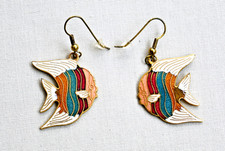 Vintage Multicolored Cloisonn Enamel Gold Tone Fish Beach Ocean Dangle Earrings
