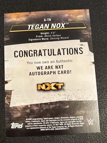 2021 Topps NXT WWE Tegan Nox Auto Autograph #7/10 A-TN - Picture 3 of 3