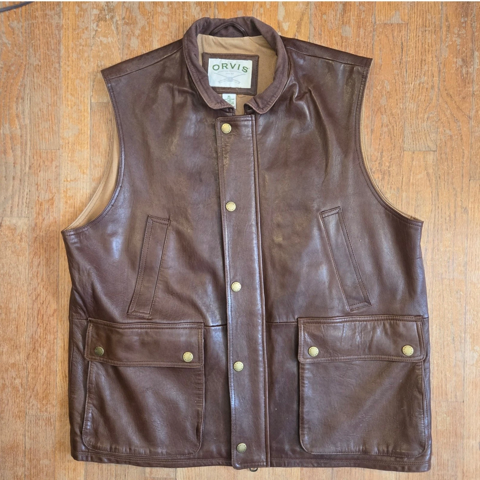 Vtg ORVIS Brown Munitions Soft Leather Cargo Style Hunting Fishing Vest Size XL