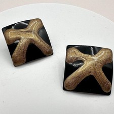 Vintage 90s Black Gold Abstract Square Stud Earrings Geometric Fashion Jewelry