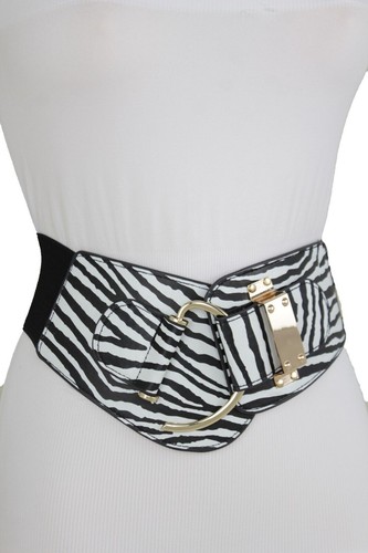 Women Black White Zebra Animal Print Safari Belt Gold Metal Hook Buckle Size S M - Picture 15 of 20