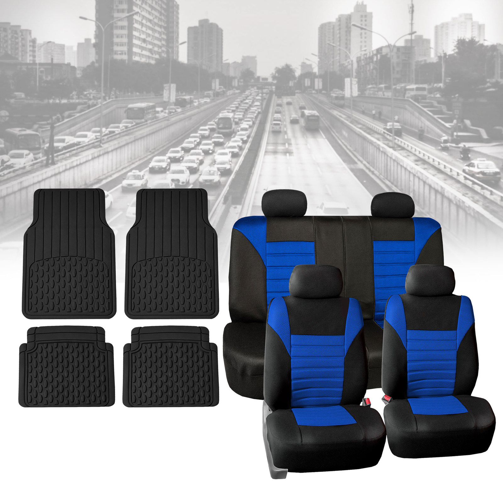 Seat Cover for Car Suv Van Blue 60/40 Split Bench With Black Floor Mats Combo