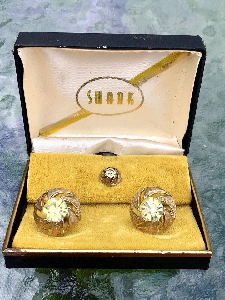 Gemelos de molinete de cristal amarillo facético vintage para hombre bisutería Foto 4 de 4