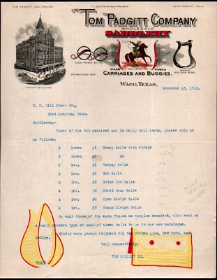 1913 Waco Tx - Tom Padgitt Co - Saddlery - Carriages Buggies - Letter Head Bill