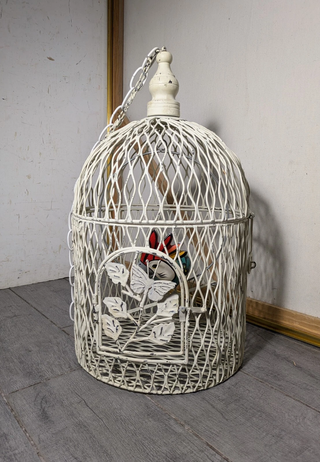 Vintage Rustic Shabby Chic White Metal Wire Bird Cage House - Decorative