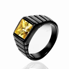 Square Yellow CZ Stone Retro Wedding Ring Stainless Steel Black Ring Size 6-13