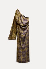 Zara Womens Midi Dress XS Brown Gold Printed Tie Dye Asymmetric 3410/038 NWT