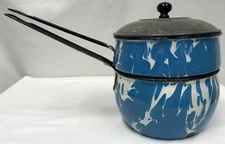Vintage Blue and White Swirl Graniteware Double Boiler w/Lid Old Original