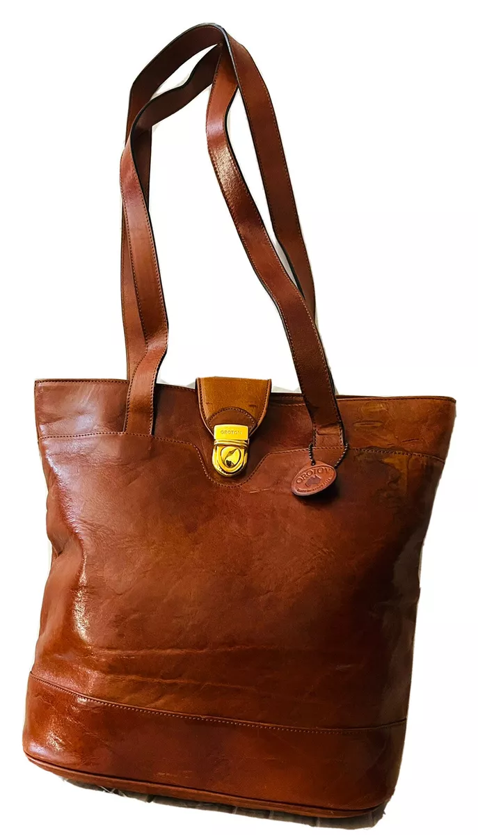 VINTAGE OROTON SHOULDER TRAVEL TOTE BAG BROWN LEATHER ZIPPED HANG TAG