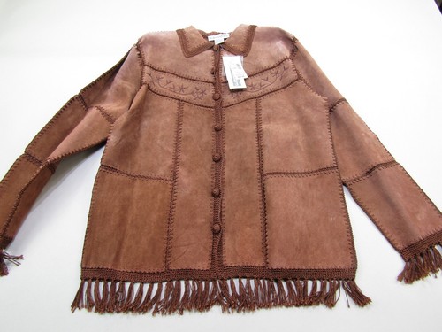 Dress Barn Suede Leather Jacket Womens Small Brown Stitched Fringe Cowgirl NWT