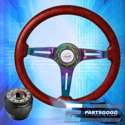 Hub For 90-94 Eclipse + Metallic Red Wood Neo Chrome Streak Style Steering Wheel
