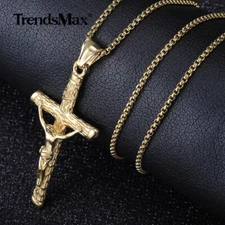 Gold Plated Stainless Steel Jesus Christ Crucifix Cross Pendant Necklace Chain 