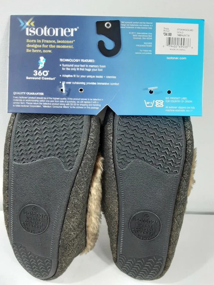 Zapatillas Isotoner Dorado MD 360 Surround Comfort Mujer M 6.5-7.5 Borde de Piel Sintética Nuevas con Etiquetas Foto 2 de 4