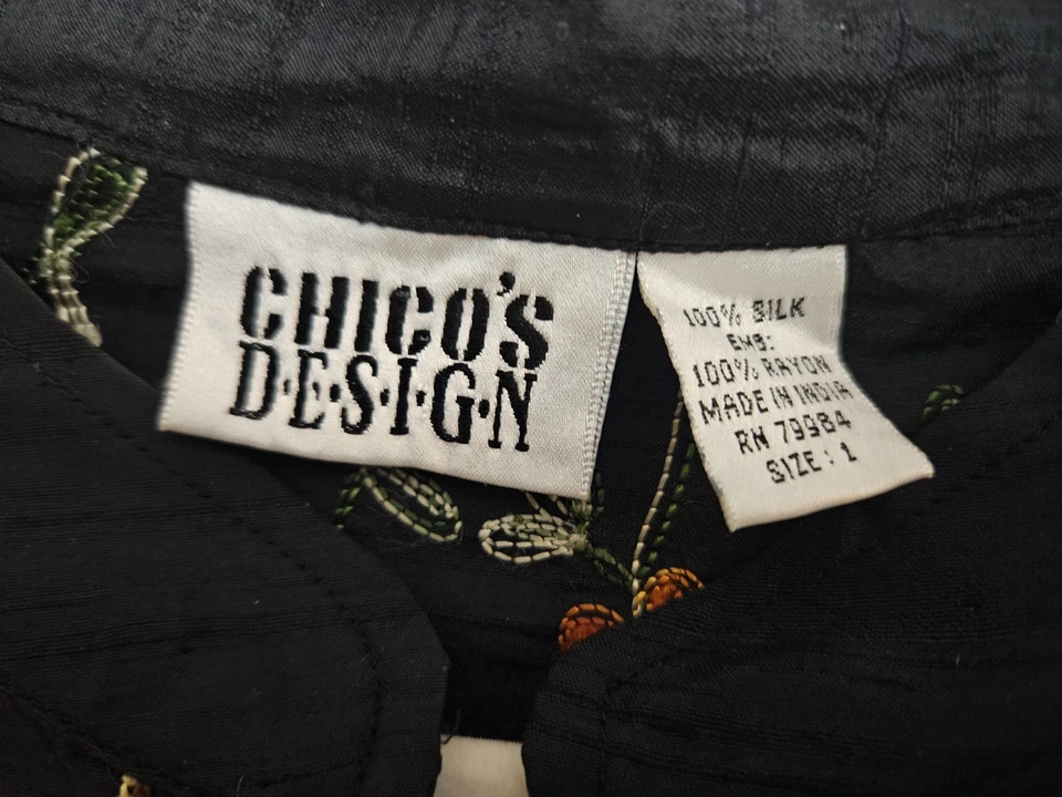 Chico's 100% шелк черный цветочный вышитый нарядный куртка Chico's Sz 1 (США M/8) - Изображение 2 из 4