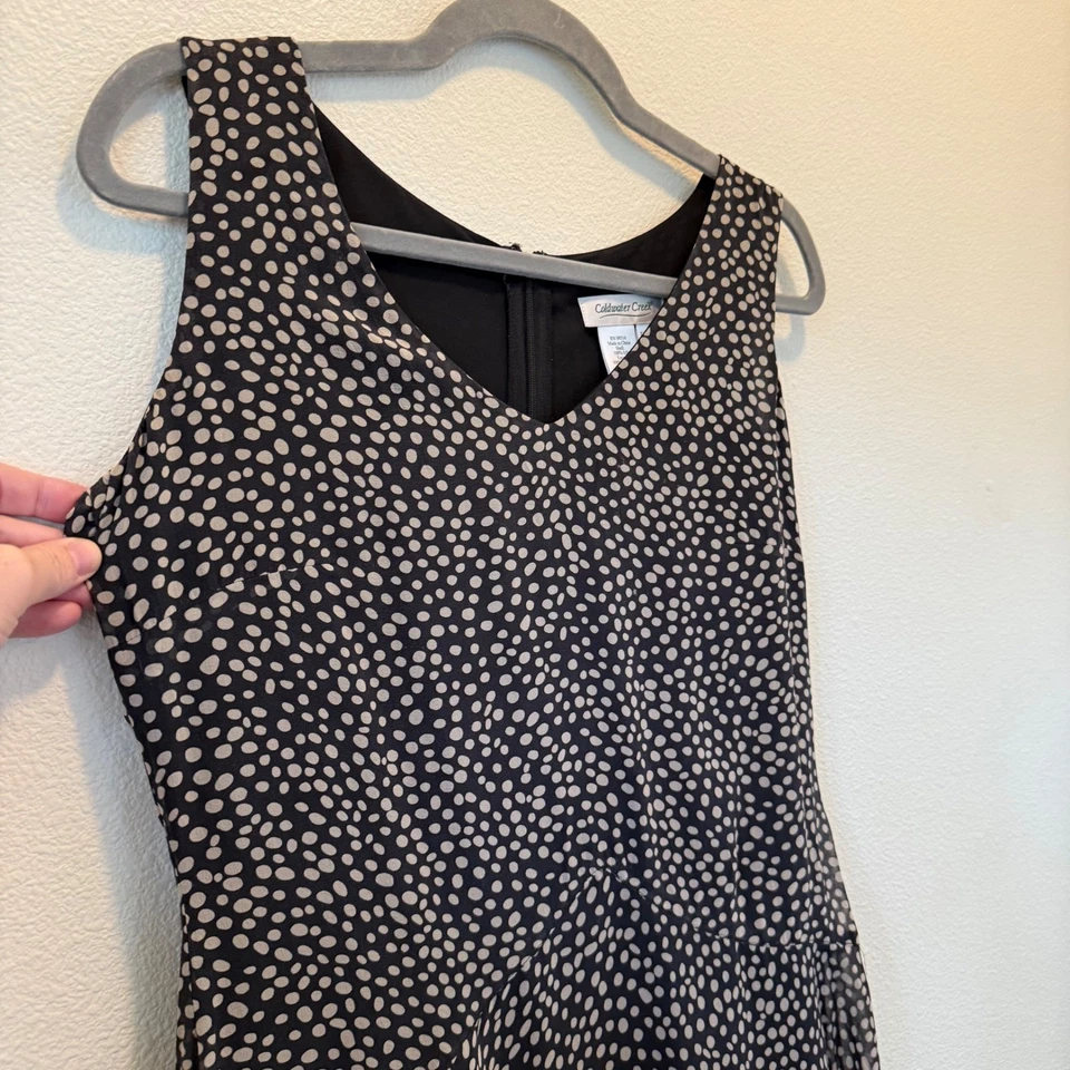 Vestido Coldwater Creek Negro Lunares Seda Sin Mangas Ajuste Acampanado Midi Talla Pequeña 8 Foto 4 de 4