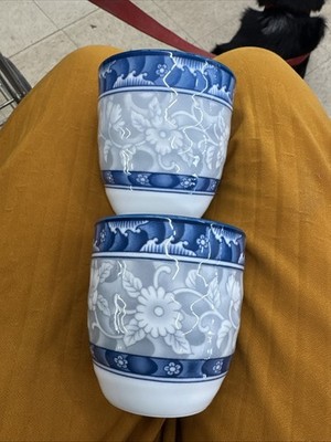 6 Korean Blue Gray White Floral Tea Cups by SamBo Ceramics / Made in Korea