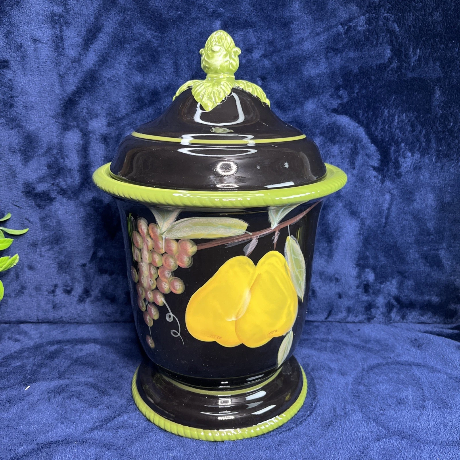 Midnight Orchard Canister Black Ceramic Pears Grapes Green Trim XLarge 116 oz