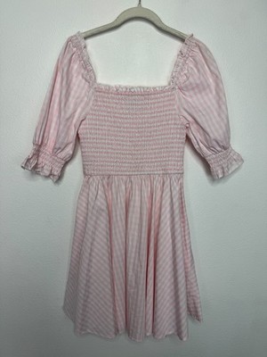 Francescas Blue Rain Medium Puff Sleeve Mini Babydoll Dress Pink Gingham Smocked