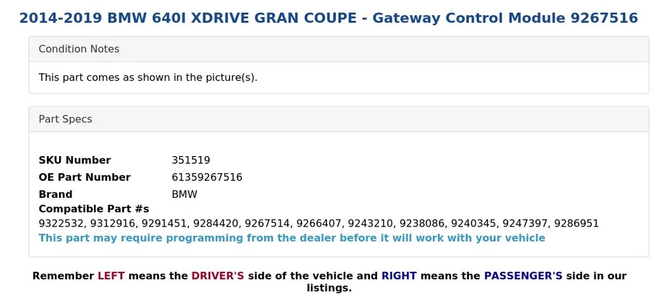 BMW 640I XDRIVE GRAN CUPÉ 2014-2019 - Módulo de control de puerta de enlace 9267516 Foto 3 de 3
