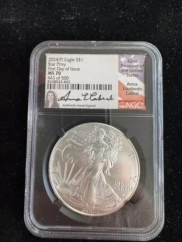 New Listing2024(P) $1 EAGLE MS70 Star Privy 1st Day Signed Anna E Cabral 1 of 500 POP 500