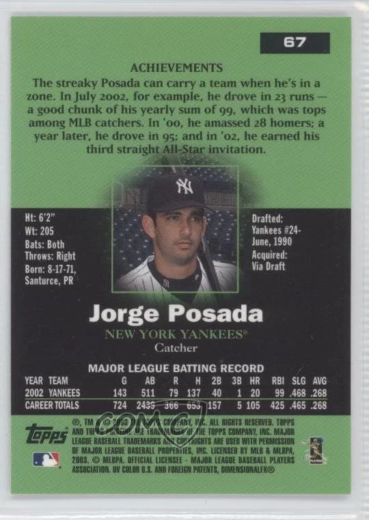 2003 Topps Pristine Jorge Posada #67 - Image 2 of 2